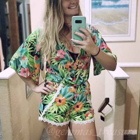 Green Vibrant Floral Romper || S, M, L